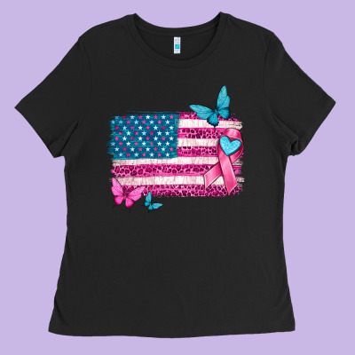 American Flag Breast Cancer With Ribbon Ladies Tee Designed By Texasbilliewilder