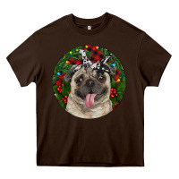 Chocolate Brown Christmas Pug With Buffalo Plaid Heavy Core Tee - RanaPortraitStore