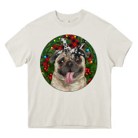 Cream Christmas Pug With Buffalo Plaid Heavy Core Tee - RanaPortraitStore