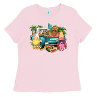 Bubblegum Pink summer gnomies truck Ladies Tee - NancyCooperArtShop