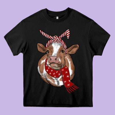 Christmas Heifer With Scarf Heavy Core Tee Designed By Ranaportraitstore