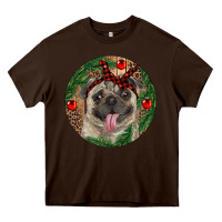 Chocolate Brown Christmas Pug With Leopard Heavy Core Tee - RanaPortraitStore
