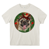 Cream Christmas Pug With Leopard Heavy Core Tee - RanaPortraitStore