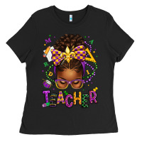 Mardi Gras Teacher Afro Messy Bun Ladies Tee | Teevron