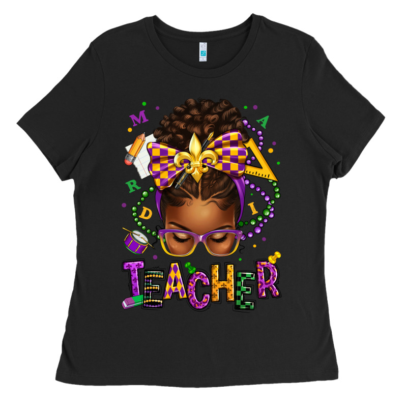 Mardi Gras Teacher Afro Messy Bun Ladies Tee by texasbilliewilder | Teevron