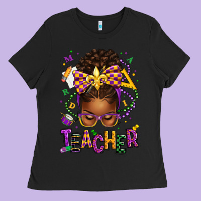 Mardi Gras Teacher Afro Messy Bun Ladies Tee Designed By Texasbilliewilder