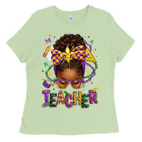 Matcha mardi gras teacher afro messy bun Ladies Tee - texasbilliewilder