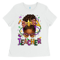 White mardi gras teacher afro messy bun Ladies Tee - texasbilliewilder
