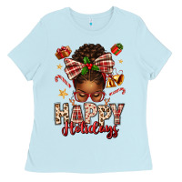 Baby Blue happy holidays christmas afro messy bun Ladies Tee - texasbilliewilder
