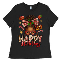 Black happy holidays christmas afro messy bun Ladies Tee - texasbilliewilder