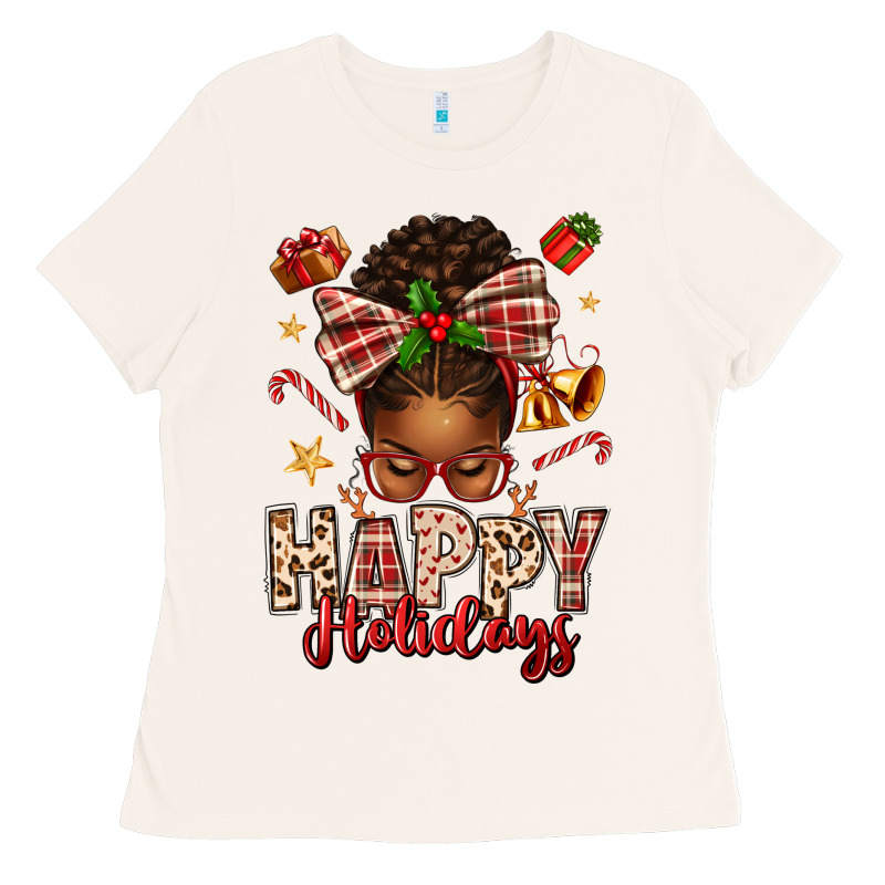 Happy Holidays Christmas Afro Messy Bun Ladies Tee by texasbilliewilder | Teevron