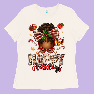 Happy Holidays Christmas Afro Messy Bun Ladies Tee Designed By Texasbilliewilder