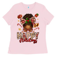 Bubblegum Pink happy holidays christmas afro messy bun Ladies Tee - texasbilliewilder