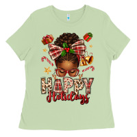 Matcha happy holidays christmas afro messy bun Ladies Tee - texasbilliewilder