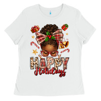 White happy holidays christmas afro messy bun Ladies Tee - texasbilliewilder