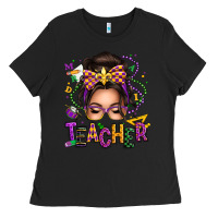Black mardi gras teacher caucasian messy bun Ladies Tee - texasbilliewilder