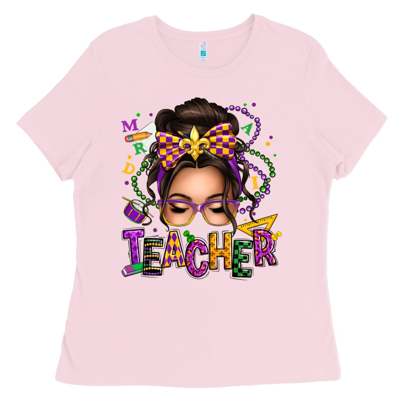 Mardi Gras Teacher Caucasian Messy Bun Ladies Tee by texasbilliewilder | Teevron