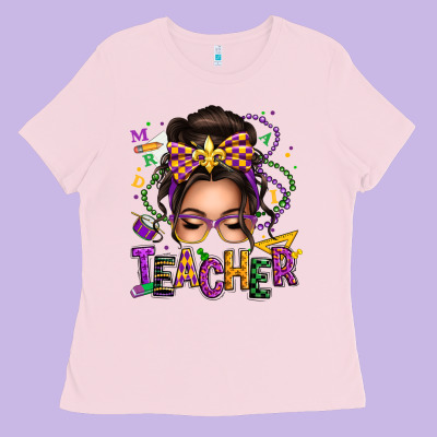 Mardi Gras Teacher Caucasian Messy Bun Ladies Tee Designed By Texasbilliewilder
