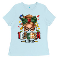 Baby Blue teacher life blonde caucassian messy bun Ladies Tee - texasbilliewilder