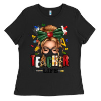 Black teacher life blonde caucassian messy bun Ladies Tee - texasbilliewilder
