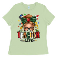 Matcha teacher life blonde caucassian messy bun Ladies Tee - texasbilliewilder
