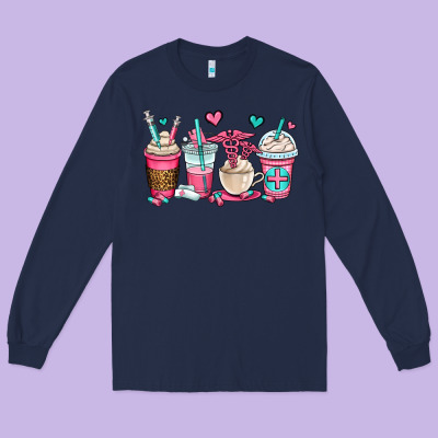 Nurse Coffee Cups Long Sleeve Tee Designed By Oliviacreatesart