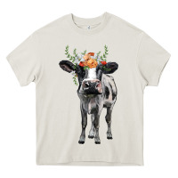 Cream holstein cow floral wreath Heavy Core Tee - BarkalooDesign