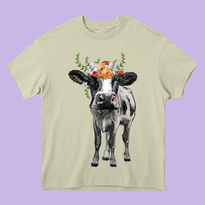 Holstein Cow Floral Wreath Heavy Core Tee Designed By Barkaloodesign