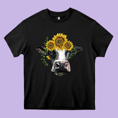 Holstein Cow With Sunflower Heavy Core Tee Designed By Barkaloodesign