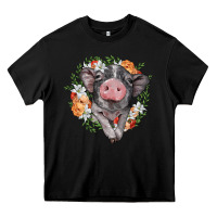 Black baby pig floral wreath Heavy Core Tee - BarkalooDesign