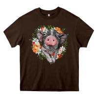 Chocolate Brown baby pig floral wreath Heavy Core Tee - BarkalooDesign