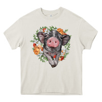 Cream baby pig floral wreath Heavy Core Tee - BarkalooDesign