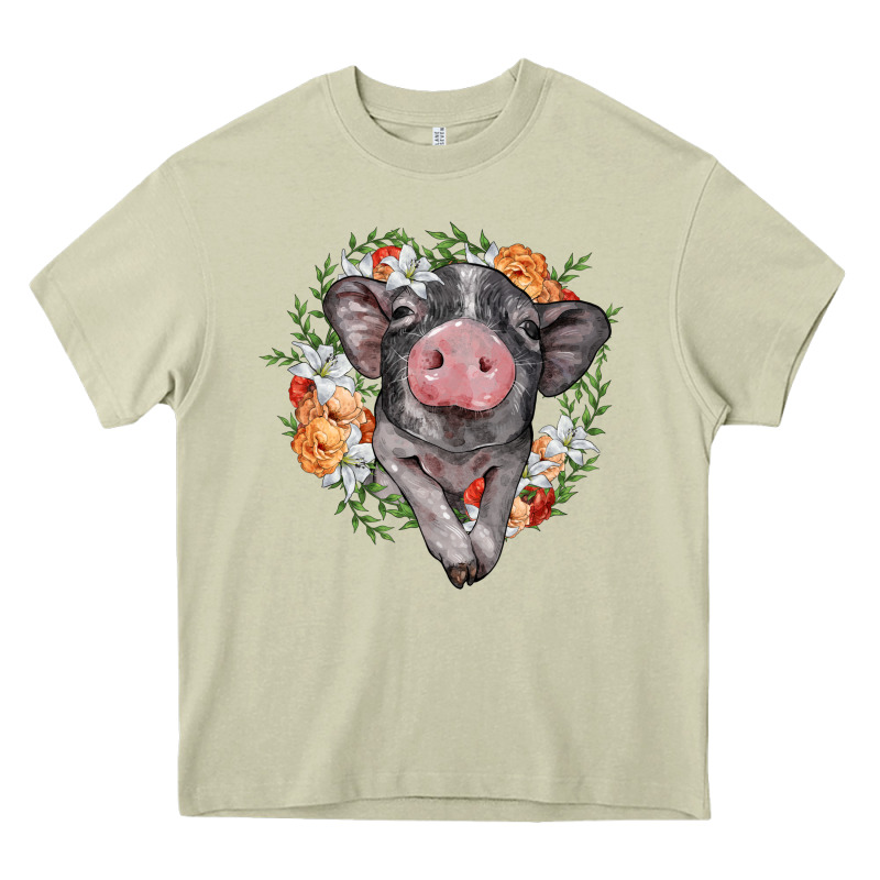 Baby Pig Floral Wreath Heavy Core Tee by BarkalooDesign | Teevron
