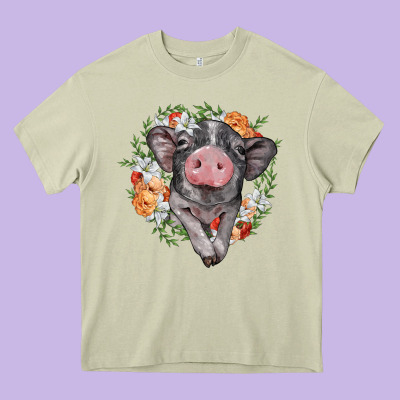 Baby Pig Floral Wreath Heavy Core Tee Designed By Barkaloodesign