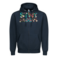 Navy stay groovy with butterfly peace sign and flowers Zipper Hoodie - Artiststas