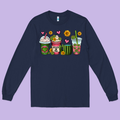 Stuck On You Cactus Coffee Cups Long Sleeve Tee Designed By Oliviacreatesart