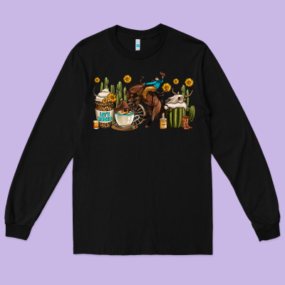 Rodeo Cowboy Coffee Cups Long Sleeve Tee Designed By Oliviacreatesart