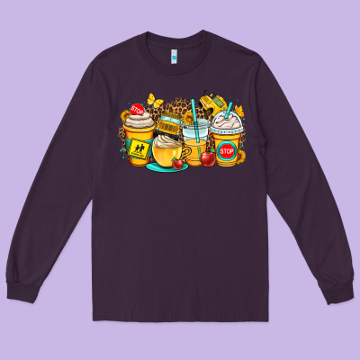 School Bus Coffee Cups Long Sleeve Tee Designed By Oliviacreatesart