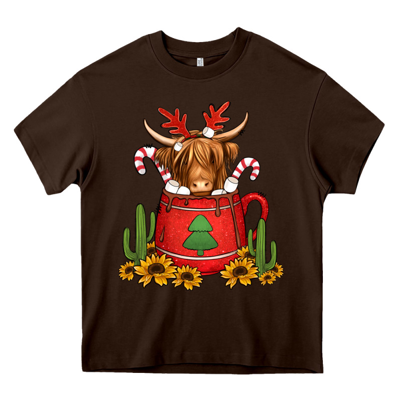 Hot Coco Christmas Highland Cow Heavy Core Tee by Jasminsmagicworld | Teevron