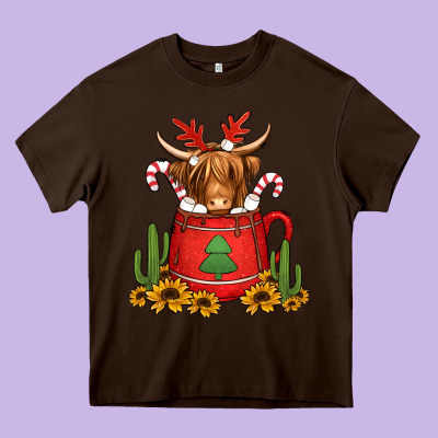 Hot Coco Christmas Highland Cow Heavy Core Tee Designed By Jasminsmagicworld