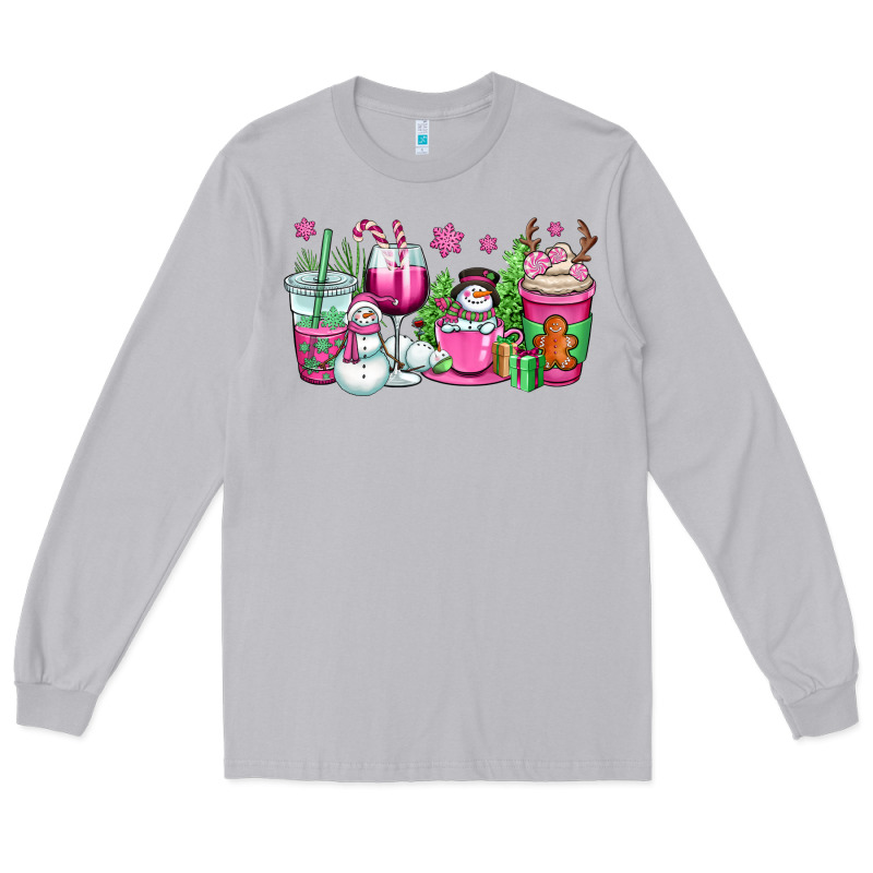 Pink Christmas Snowman Coffee Cups Long Sleeve Tee by OliviaCreatesArt | Teevron