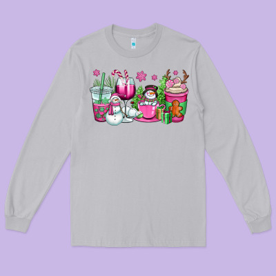Pink Christmas Snowman Coffee Cups Long Sleeve Tee Designed By Oliviacreatesart