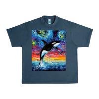 Midnight Navy Orca Killer Whale Starry Night Colorful Ocean Art By Aja Urban Heavy Tee - trangStudio