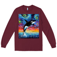 Burgundy Orca Killer Whale Starry Night Colorful Ocean Art By Aja Long Sleeve Tee - trangStudio