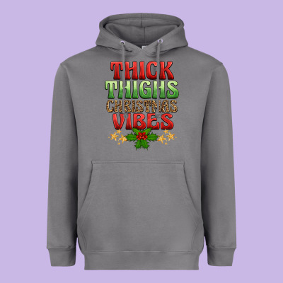Thick Thighs Christmas Vibes Heavyweight Hoodie Designed By Barkaloodesign