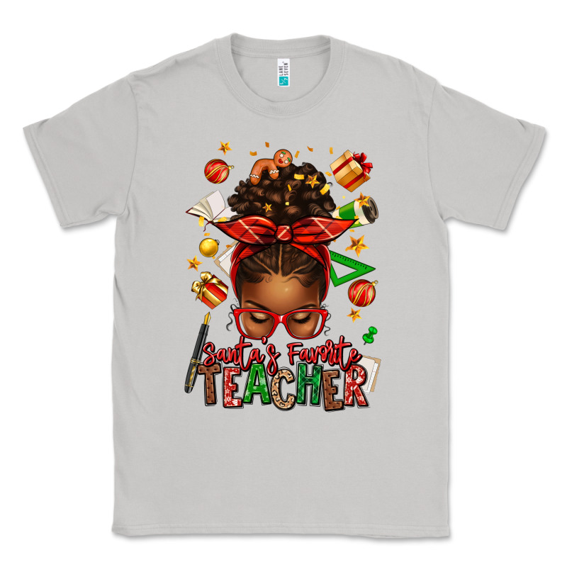 Santa's Favorite Teacher Afro Messy Bun Classic Tee by texasbilliewilder | Teevron