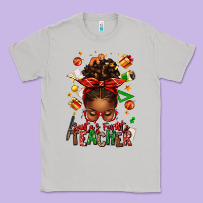 Santa's Favorite Teacher Afro Messy Bun Classic Tee Designed By Texasbilliewilder