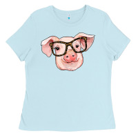 Baby Blue pig with glasses Ladies Tee - RanaPortraitStore