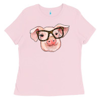 Bubblegum Pink pig with glasses Ladies Tee - RanaPortraitStore