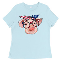 Baby Blue american flag with pig Ladies Tee - RanaPortraitStore